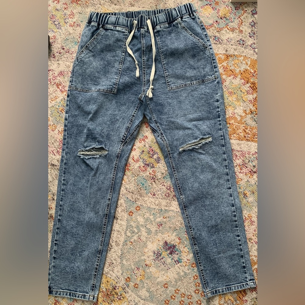 Pull on straight leg distressed jeans